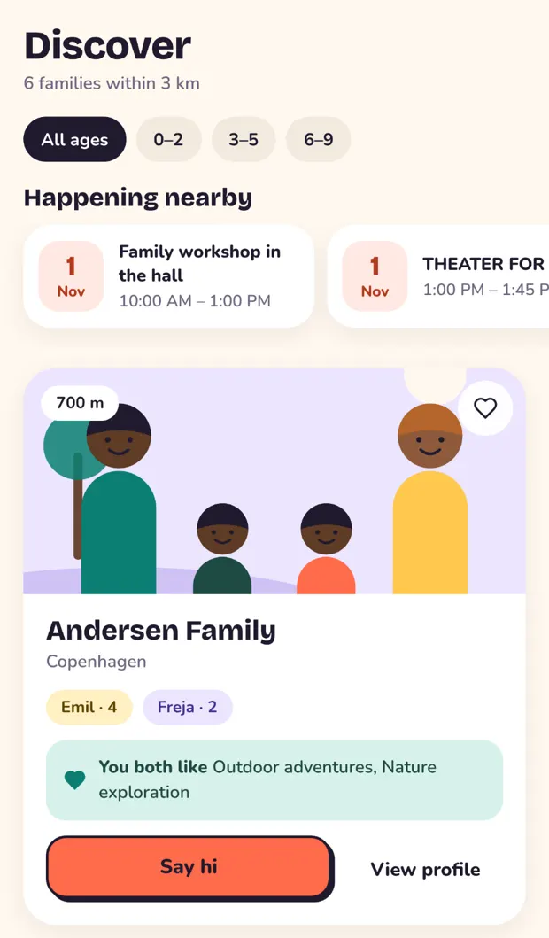 The Ven app: the Discover screen showing families nearby